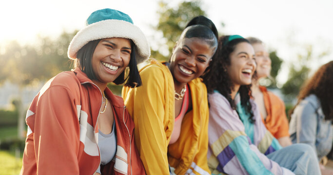 Happy women, friends and laughing with fashion in park for funny joke, social or humor together. Female people, gen z or group with smile in stylish clothing for comedy or diversity in outdoor nature
