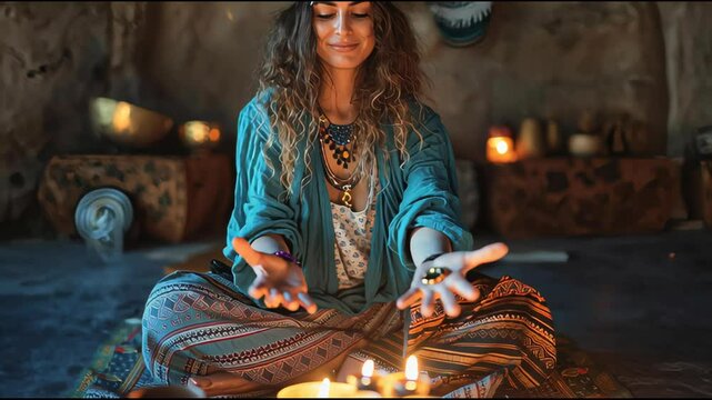 Holistic energy healing ceremony set in warm candlelight, demonstrating complementary therapy and spiritual realignment in a serene setting