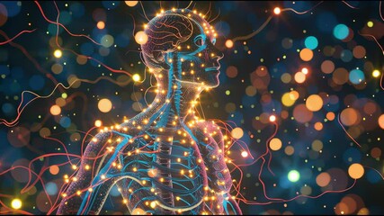 Detailed medical rendering highlighting intricate neural network architecture overlaying a semi-transparent human form, enhancing understanding of physiology and neurology - Powered by Adobe