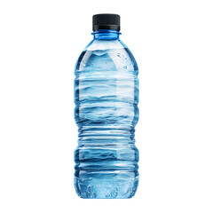 A clear plastic bottle filled with pure blue water and a black cap isolated on transparent background