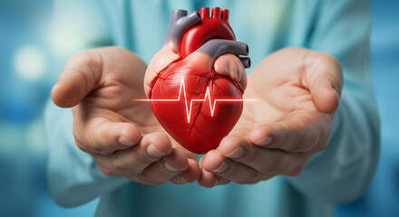 Doctor s hands gently holding a realistic human heart with a heartbeat line