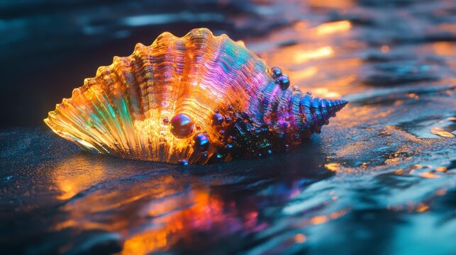 Iridescent seashell on wet sand at sunset, reflecting vibrant colors.
