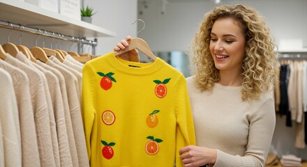 Young Woman Shopping for a Yellow Knit Sweater with Orange Embroidery in a Clothing Boutique
