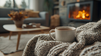 A mug of hot tea stands on a chair with a woolen blanket in a cozy living room with a fireplace. Cozy winter day