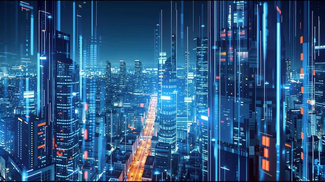 Close-Up View of Futuristic City District at Night Featuring Glass Cylinders with Vertical Light Streams, Fluid Neon Panels, Hover Cars, and Abstract Data Reflections