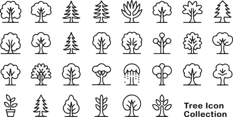 Trees line icon set. Vector pictograms of roots, branches, leaves, fruit, apple, orange, evergreen, tropical, thin linear illustration.