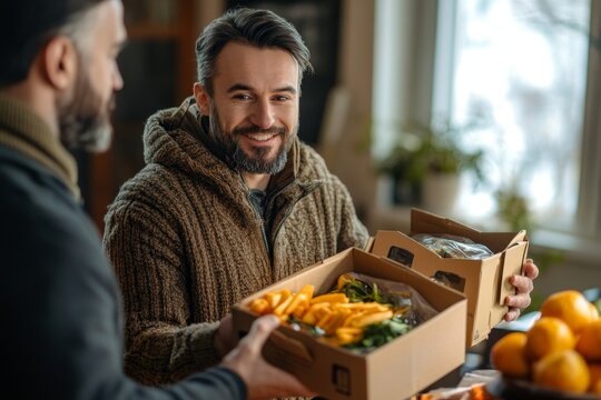 Client receiving a lunch box from a delivery man at home, enjoying a convenient meal delivery service, Generative AI