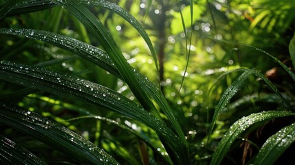 Long Tropical Grass Leaves with Dew in Sun-Drenched Rainforest Morning