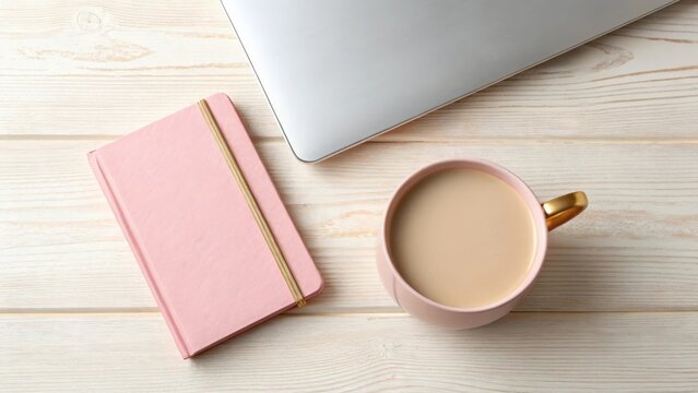 Top view of laptop pink notebook and coffee cup on white wooden desk surface in soft morning light