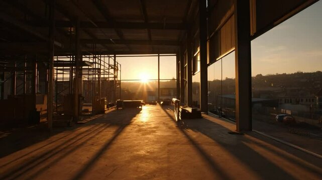 Architectural Sunrise: A striking interplay of light and shadow illuminates an unfinished building's interior as the sun rises, creating a dramatic and evocative architectural study.