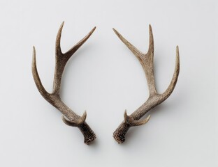 Pair of deer antlers, light brown, symmetrical, on white background