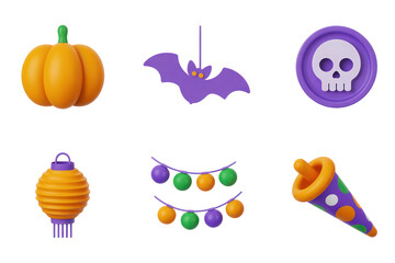 Six Halloween Themed 3D Rendered Icons Set Orange Purple Green and White Colors Pumpkin Bat Skull Lantern Party Lights Party Horn Isolated on White Background PNG Transparent Cutout 2025