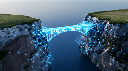 Digital bridge spans sea gap connecting cliffs, promoting tech growth, data transfer concept