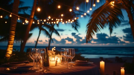 Elegant outdoor dinner table with candles under palm trees in the island. A stylish evening scene with romantic island vibes. Perfect for hotel, menu, catering, or event branding imagery.