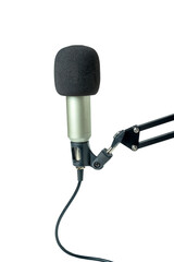 Studio microphone for podcasting or streaming on a boom arm with a white background