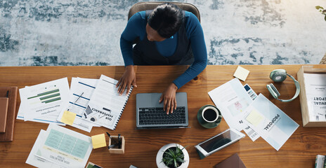 Laptop, finance paperwork and black woman in office with typing for budget report with email....