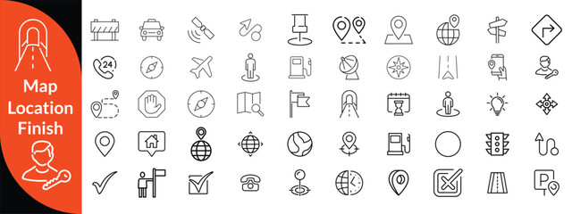 Maps, location and Navigation line editable icon set. Containing navigation, location, contains map with a pin, route map, navigator, direction and more. Vector illustration design