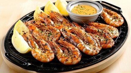 Juicy prawns grilled on a barbecue, seasoned with herbs and garlic, served with lemon wedges and a dipping sauce platter.