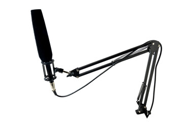 Studio microphone for podcasting or streaming on a boom arm with a white background