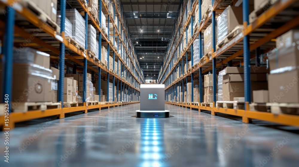 Poster automated guided vehicle navigating warehouse aisles filled with stacked cardboard boxes on shelves.