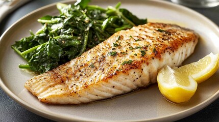 Pan-seared barramundi fillet served with steamed greens and a wedge of lemon, plated neatly with light seasoning on a fine-dining dish.