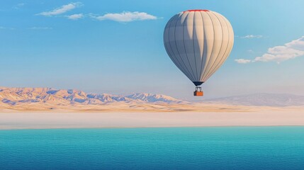 Fototapeta premium Hot air balloon floating above serene body of water with reflections and clear blue sky in the background