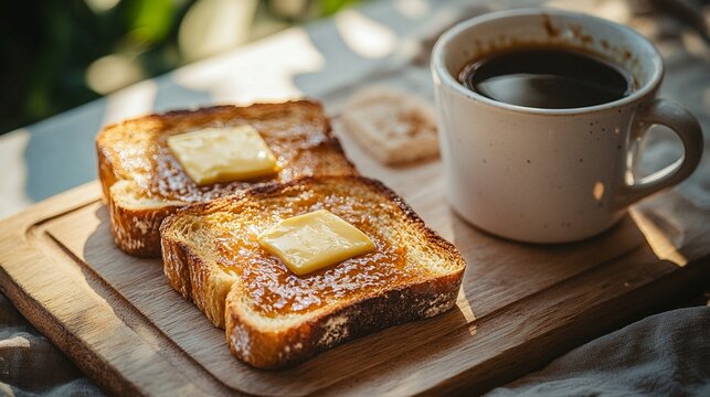 Slices of toasted bread spread with butter and Vegemite, placed on a breakfast table with a mug of coffee and soft morning lighting.