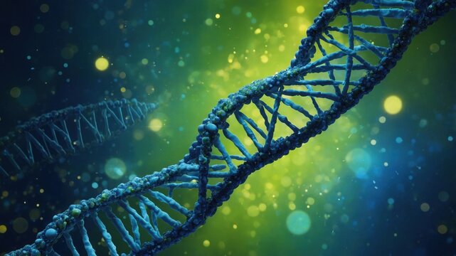 Dna strand with green background and shimmering blue dna strands surrounding it