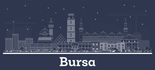 Fototapeta premium Outline Bursa Turkey City Skyline with white Buildings. Business Travel and Concept with Historic Architecture. Bursa Cityscape with Landmarks.