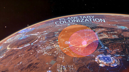 Mars colonization interface, overlaying urbanized structures and red planet surface