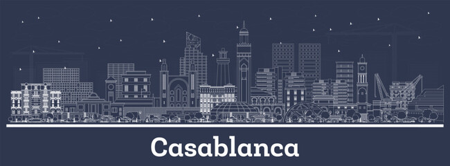 Fototapeta premium Outline Casablanca Morocco City Skyline with white Buildings. Business Travel and Concept with Historic Architecture. Casablanca Cityscape with Landmarks.
