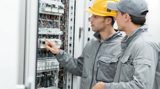Electrical Technicians at Work: Two skilled electrical technicians in a workshop, focused on complex circuitry, dressed in workwear and safety helmets.