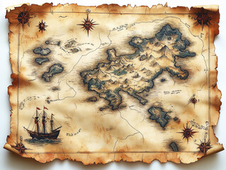 Old yellowed treasure map on papyrus. Hand draw sketch illustration