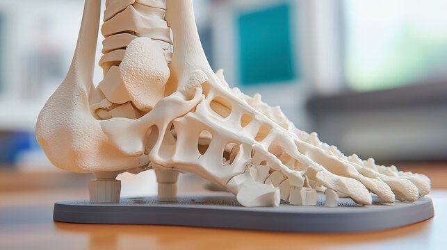 Close-up of anatomical foot model showing bones, joints, and structure.