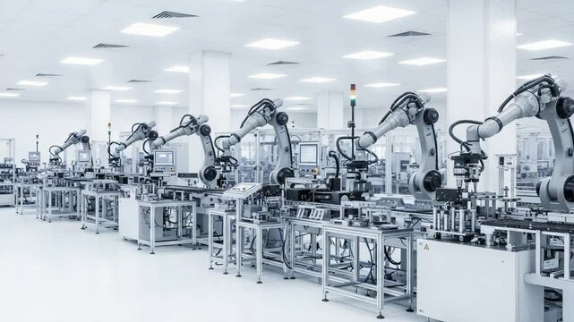 Advanced Industrial Robots Operating in a Modern Manufacturing Facility