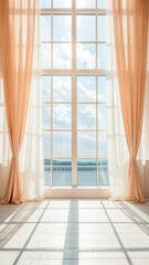 Sunlit room with large window and peach curtains overlooking a cloudy sky