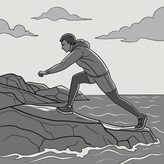 Silhouette of a person kayaking on a lake at sunset surrounded by trees and mountains in monochrome style