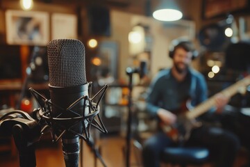 Content creator occupation concept. Two influencers recording a podcast in-home office using condenser microphones, Generative AI