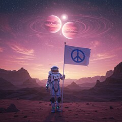 Peaceful Pioneer: Astronaut Planting a Flag with Peace Symbol on Alien World