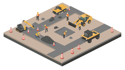Isometric view of road construction site with workers, vehicles, and safety cones in a stylized scene