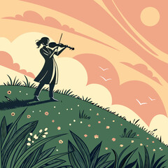 Illustration of a woman riding a bicycle with a basket in a park with trees and a helmet on her head