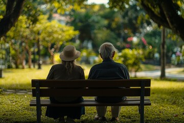 Elderly couple lifestyle concept. Husband and wife walking in the park, Generative AI