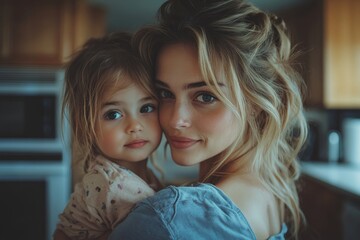 Single mother carrying her daughter in the kitchen, balancing parenting and daily tasks while sharing a loving moment, Generative AI