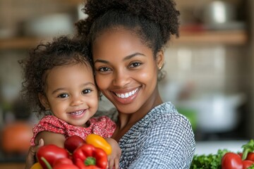 Single mother carrying her daughter in the kitchen, balancing parenting and daily tasks while sharing a loving moment, Generative AI