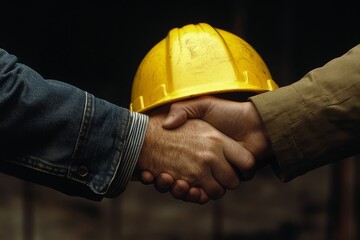 Close-up of a yellow safety helmet on a table as contractor and customer shake hands after confirming plans to build a home, Generative AI