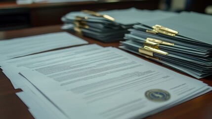 High stacks of paperwork on a desk, showing documents and files ready for review.
