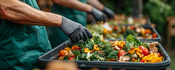 Food waste environmental concept, people throwing food waste into a bin to prepare for decomposition and recycling, Generative AI