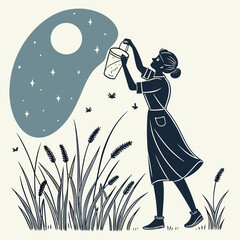 Silhouette of a boy running with a kite in a field with birds and a cloud in the background outdoors