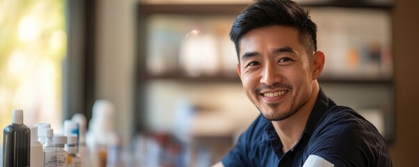 Happy Asian man proudly showing his arm with a bandage after getting a vaccine, Generative AI