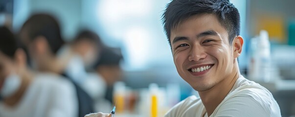Happy Asian man proudly showing his arm with a bandage after getting a vaccine, Generative AI